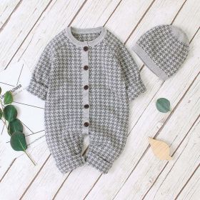 Baby Embroidered Pattern Single Breasted Design Longsleeve Knitted Romper (Color: Grey, Size/Age: 80 (9-12M))