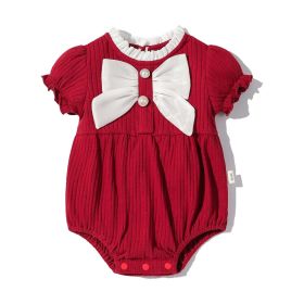 Baby Girls Solid Color Lace Design Puff-Sleeved Fashion Onesies With Bow Decoration In Summer (Color: Red, Size/Age: 90 (12-24M))