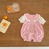 Baby Girl Plaid Pattern Single Breasted Design Puff-Sleeved Bow Doll Collar Rompers