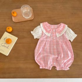 Baby Girl Plaid Pattern Single Breasted Design Puff-Sleeved Bow Doll Collar Rompers (Color: pink, Size/Age: 66 (3-6M))