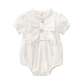Baby Girls Solid Color Lace Design Puff-Sleeved Fashion Onesies With Bow Decoration In Summer (Color: White, Size/Age: 90 (12-24M))