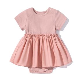 Baby Girls Solid Color Wooden Ear Design Short-Sleeved Dress Onesies In Summer (Color: pink, Size/Age: 73 (6-9M))