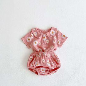 Baby Girl Floral Print Doll Collar Design Neck Buttoned Tops Combo Shorts Sets (Color: pink, Size/Age: 90 (12-24M))