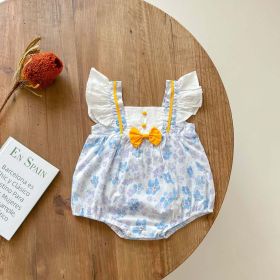 Baby Girls Floral Print Ruffle Design Square-Neck Onesies With Bow Tie (Color: Blue, Size/Age: 90 (12-24M))