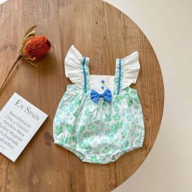 Baby Girls Floral Print Ruffle Design Square-Neck Onesies With Bow Tie (Color: green, Size/Age: 66 (3-6M))
