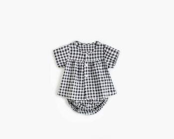 Baby Girl Plaid Pattern Single Breasted Design Shirt Combo Shorts Sets (Color: black, Size/Age: 90 (12-24M))
