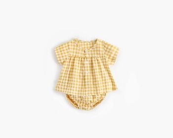 Baby Girl Plaid Pattern Single Breasted Design Shirt Combo Shorts Sets (Color: yellow, Size/Age: 90 (12-24M))