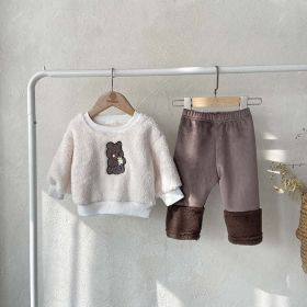 Baby Bear Embroidered Pattern Plush Hoodies Combo Pants Pieces Sets (Color: White, Size/Age: 80 (9-12M))
