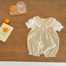 Baby Girl Plaid Pattern Single Breasted Design Puff-Sleeved Bow Doll Collar Rompers (Color: yellow, Size/Age: 100 (2-3Y))