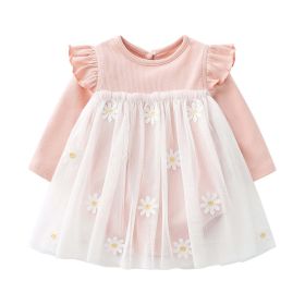 Baby Girls Floral Lace Patchwork Design Ruffle Long-Sleeved Dress Onesies In Spring & Autumn (Color: pink, Size/Age: 73 (6-9M))