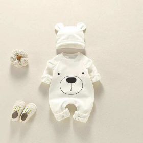 Baby Girl Bear Print Pattern Solid Color Long-Sleeved Rompers With Hat In Spring & Autumn (Color: White, Size/Age: 73 (6-9M))