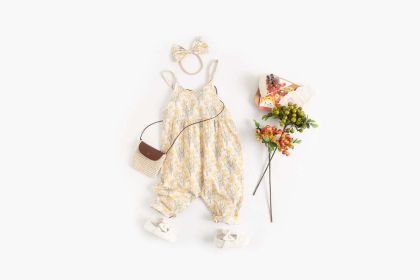 Baby Girl Floral Print Pattern Backless Design Sleeveless Rompers With Handband (Color: Apricot, Size/Age: 100 (2-3Y))