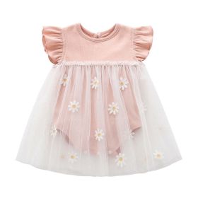 Baby Girls Floral Lace Patchwork Design Ruffle Sleeveless Dress Onesies In Summer (Color: pink, Size/Age: 90 (12-24M))