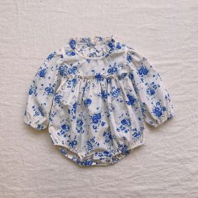 Baby Flower Pattern Stand Collar Long Sleeve Onesies (Color: Blue, Size/Age: 90 (12-24M))