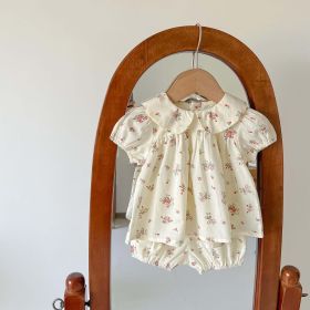 Baby Girl Floral Print Doll Collar Design Tops Combo Shorts Sets In Summer (Color: White, Size/Age: 90 (12-24M))