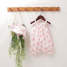 Baby Girls Floral Pattern Sleeveless Summer Rompers With Hat In Summer (Color: pink, Size/Age: 90 (12-24M))