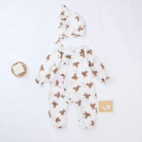 Baby Girls Bear Print Pattern Lace Design Round Collar Long-Sleeved Rompers With Hat (Color: White, Size/Age: 90 (12-24M))