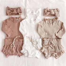 Baby Girl Wood Ear Design Solid Color Long-Sleeved Round Collar Tops Combo Shorts Cotton Sets (Color: White, Size/Age: 80 (9-12M))