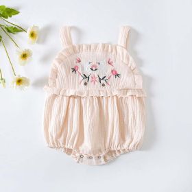 Baby Girl Floral Embroidered Pattern Lace Design Solid Color Sleeveless Onesies In Summer (Color: Apricot, Size/Age: 66 (3-6M))