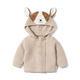 Baby Solid Color Cartoon Design Hooded Knitted Fashion Cardigan (Color: Khaki, Size/Age: 66 (3-6M))