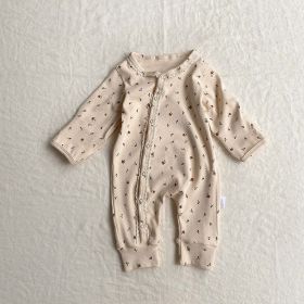 Baby Flower Pattern & Solid Color Lace Design Button Front Jumpsuit (Color: Apricot, Size/Age: 90 (12-24M))