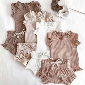Baby Girl Wood Ear Design Solid Color Sleeveless Round Collar Tops Combo Shorts Sets IN Summer (Color: Khaki, Size/Age: 66 (3-6M))