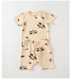 Baby Printed Pattern Round Collar With Button Short-Sleeved Top Combo Shorts Soft Sets (Color: brown, Size/Age: 73 (6-9M))