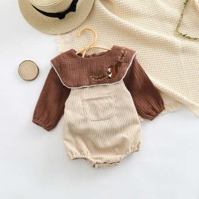 Baby Embroidered Pattern Lapel Cotton Shirt Combo Corduroy Strap Onesies Sets (Color: Beige, Size/Age: 73 (6-9M))