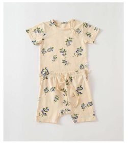 Baby Printed Pattern Round Collar With Button Short-Sleeved Top Combo Shorts Soft Sets (Color: green, Size/Age: 90 (12-24M))