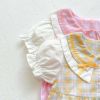 Baby Girl Plaid Pattern Single Breasted Design Puff-Sleeved Bow Doll Collar Rompers