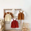 Baby Girl Solid Color Corduroy Fabric Tops Combo Bear Embroidery Straps Dress 2-Piece Sets