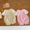 Baby Girl Plaid Pattern Single Breasted Design Puff-Sleeved Bow Doll Collar Rompers