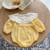 Baby Girl Yellow Plaid Pattern Ruffle Lapel Design Bodysuit