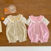Baby Girl Plaid Pattern Single Breasted Design Puff-Sleeved Bow Doll Collar Rompers