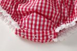Baby Girl Red Plaid Pattern Lace Patchwork Design Round Neck Sleeveless Onesies With Headband